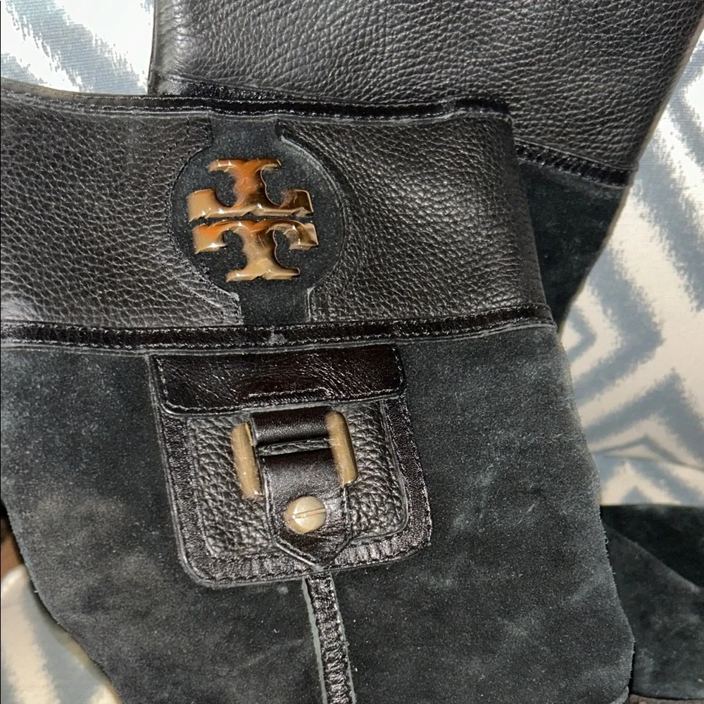 Tory‎ Burch Black Suede Mid-Calf Boots with Logo Hardware 9